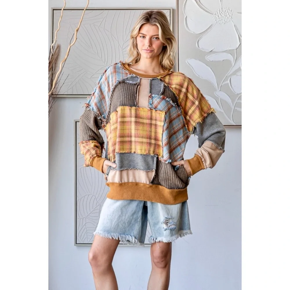 Oli & Hali Washed Mixed Fabric Plaid Pullover in Mustard Combo - Picture 10 of 14